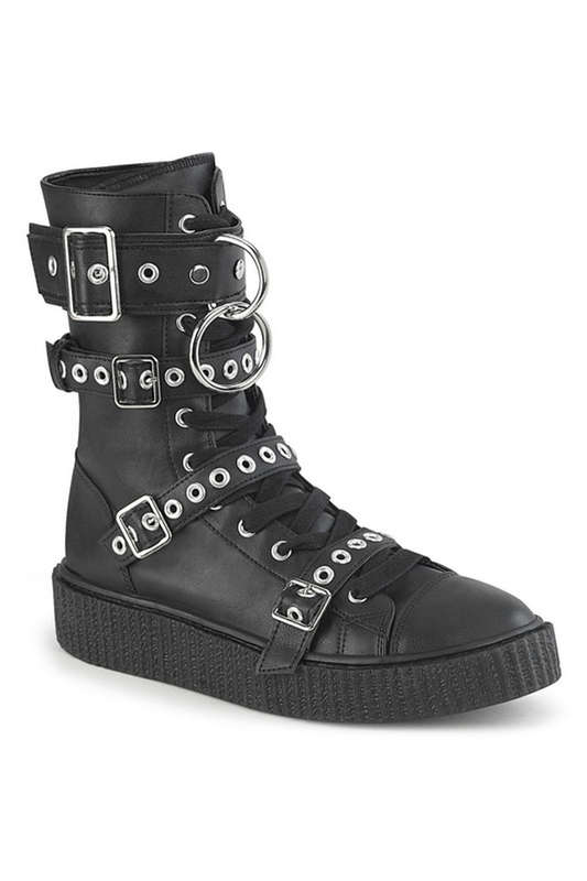 Unisex Black Vegan Leather Buckled Sneaker Boot