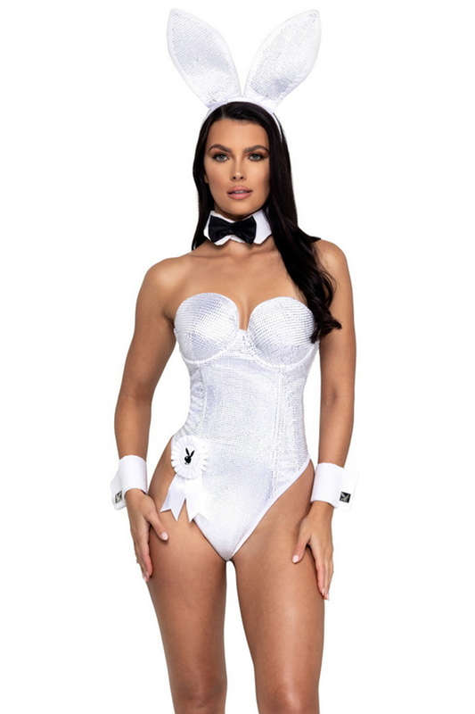 White & Silver Playboy Rhinestone Bunny Halloween Costume