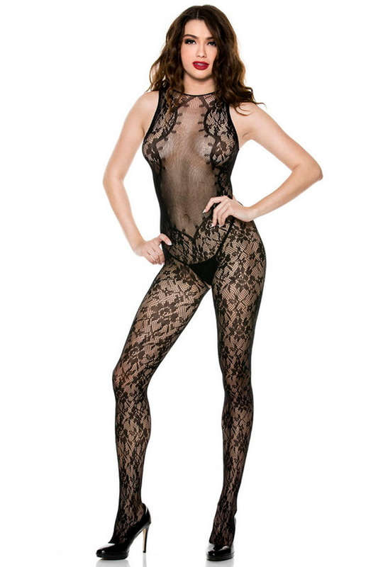 Black Sheer Lace High Neckline Crotchless Bodystocking