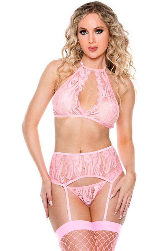 Pink Seducing Lace Halter Top, Garterbelt & G-String