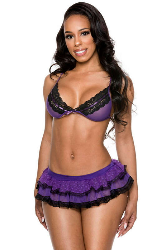 Purple Lace Ruffle Bra & Skirt Set