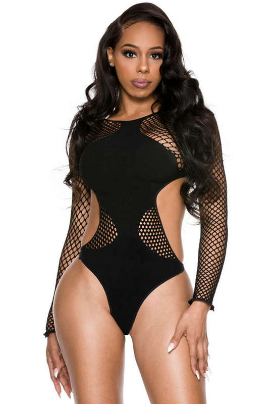 Back To Black Diamond Net Long Sleeve Lingerie Teddy