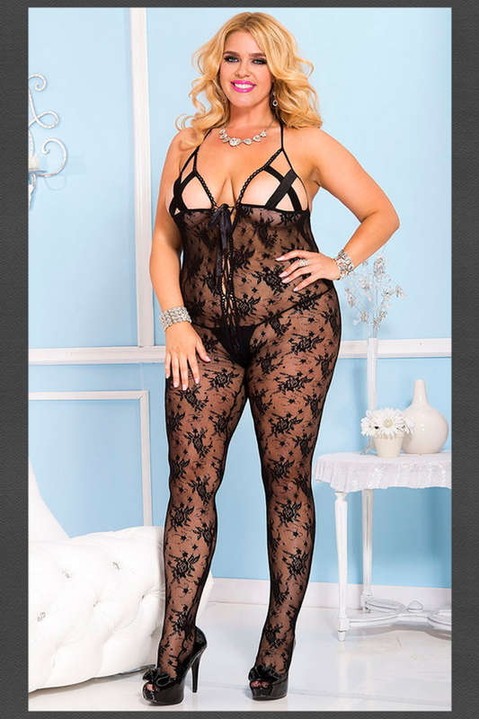 Plus Size Black Strappy Cup Crotchless Bodystocking