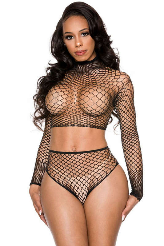 Black Mini Diamond Net Long Sleeve Cami Set