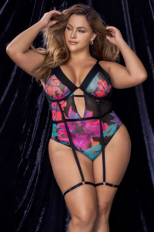 Plus Size Black Dream Flower Print Gartered Lingerie Teddy