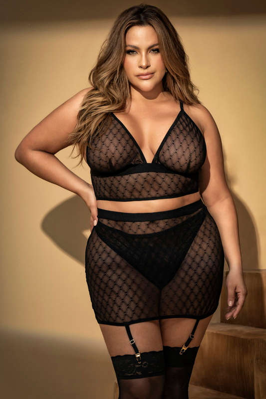Plus Size Black Geometric Bra & Gartered Skirt Set