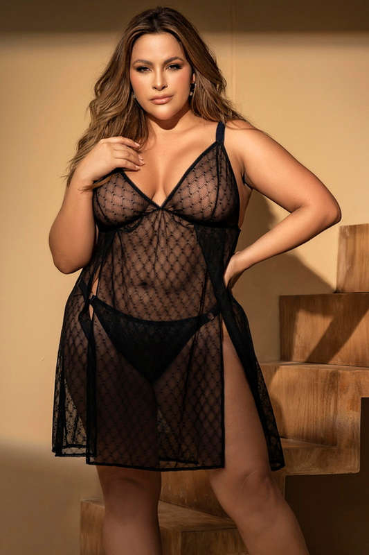 Plus Size Black Geometric Side Slit Lingerie Babydoll & Panty