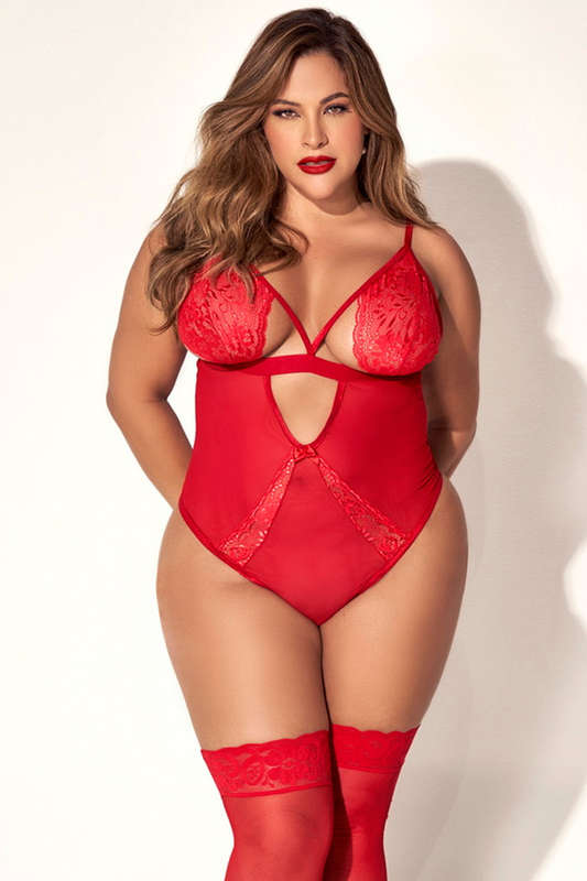 Plus Size Set The Tone Red Lace Gartered Lingerie Teddy