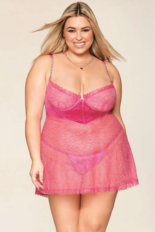 Plus Size Peony Pink Eyelash Lace Lingerie Babydoll