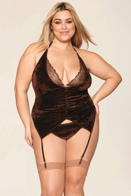 Plus Size Espresso Velvet Gartered Cami & G-String
