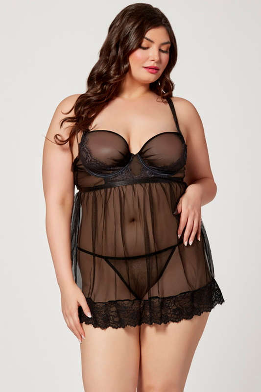 Plus Size Black Sheer Blossom Lingerie Babydoll & G-String