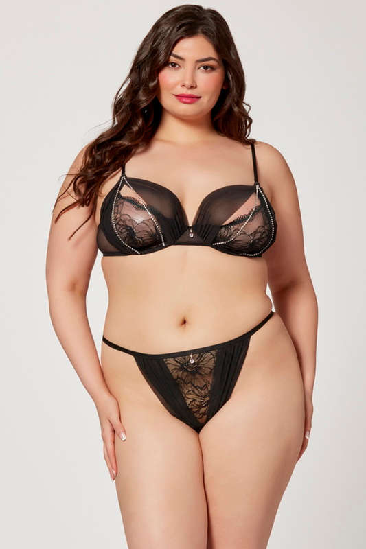 Plus Size Black Spark Of Night Lace & Mesh Bra & Thong