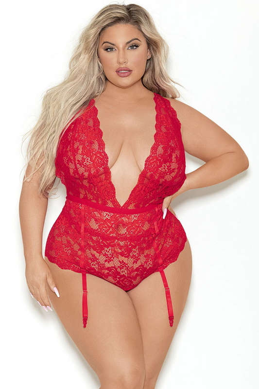 Plus Size Red Euphoria Lace Gartered Lingerie Teddy
