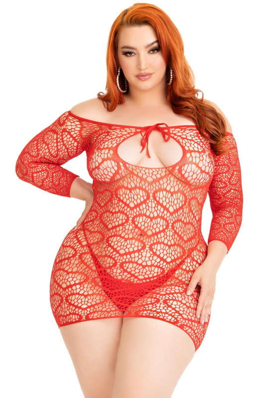 Plus Size Red Seamless Heart Net Lingerie Chemise