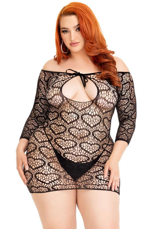 Plus Size Black Seamless Heart Net Lingerie Chemise