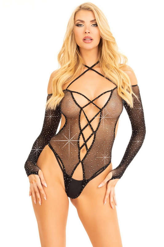 Black Rhinestone Fishnet Crotchless Lingerie Teddy