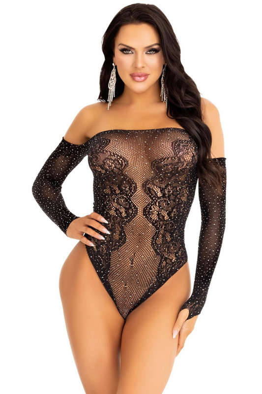 Black Rhinestone Net Off The Shoulder Lingerie Teddy