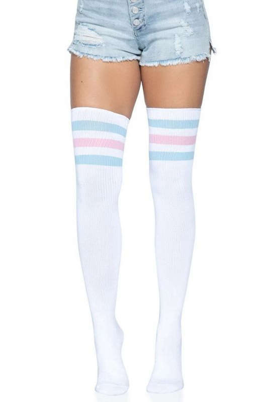 Pink & Blue Athletic Striped Thigh High Stockings