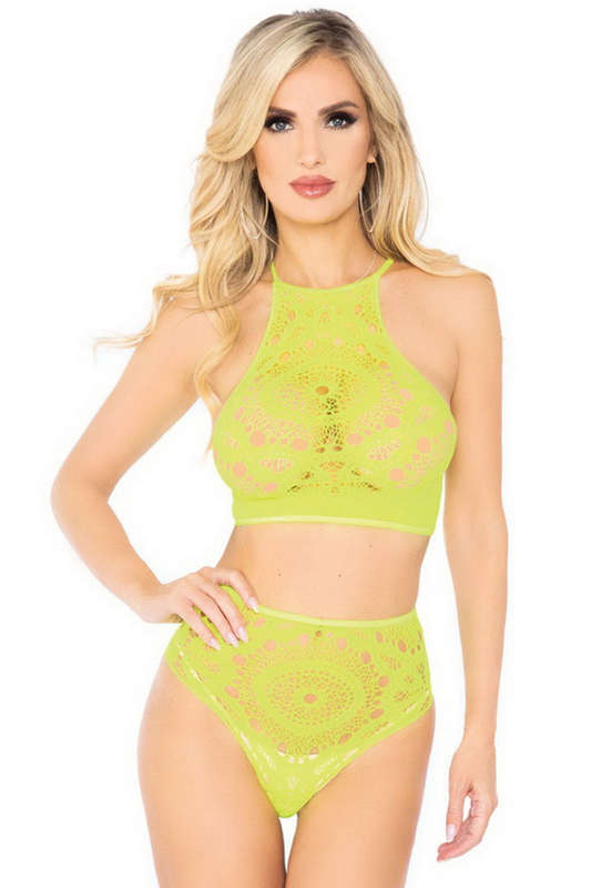 Neon Yellow Lace Halter Crop Top & Thong Set