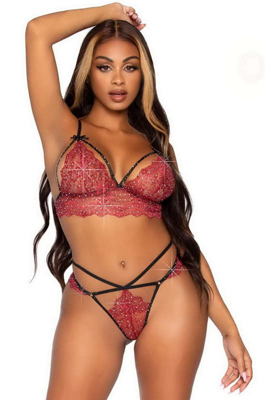 Burgundy Shine On Me Scalloped Lace Bra Lingerie Set