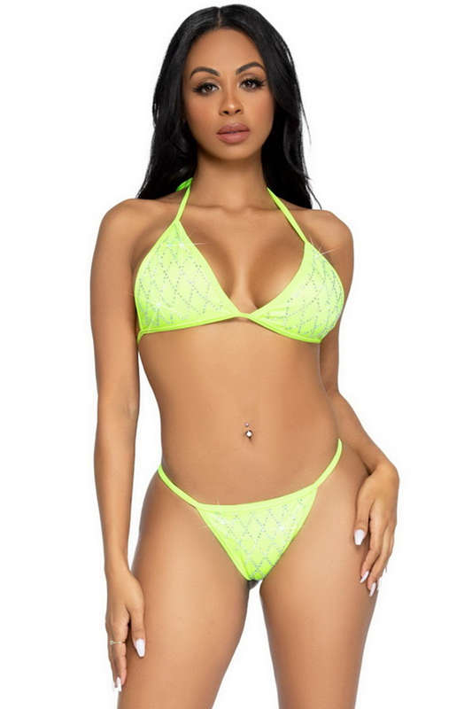 Lime Domino Rhinestone Bra Lingerie Set