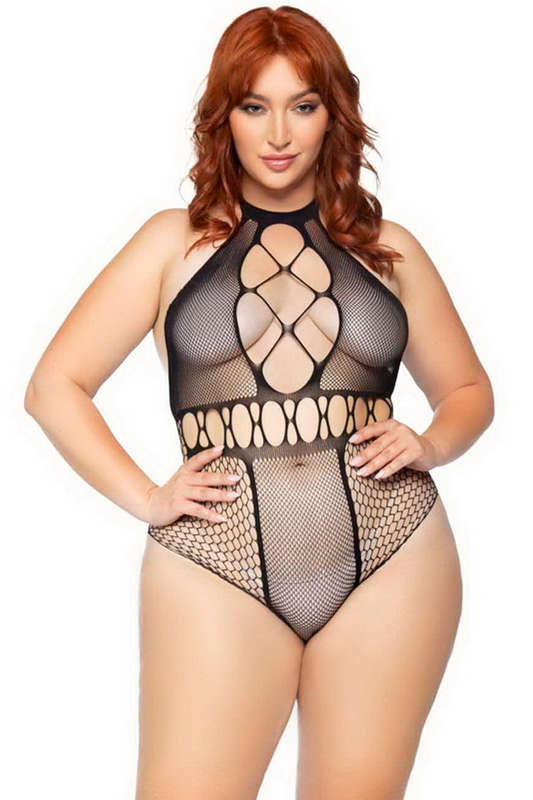 Plus Size Black T-Strap Halter Teddy