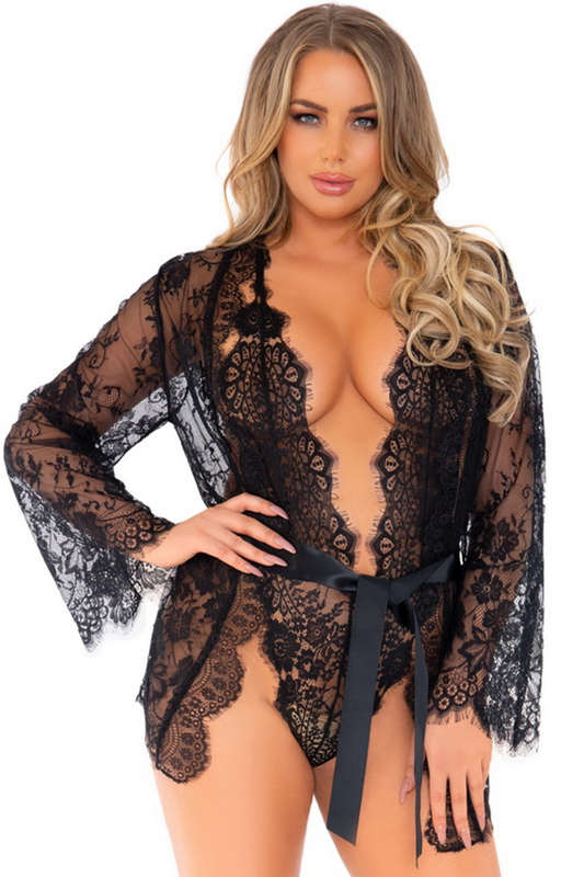 Black Floral Lace Teddy & Robe Set