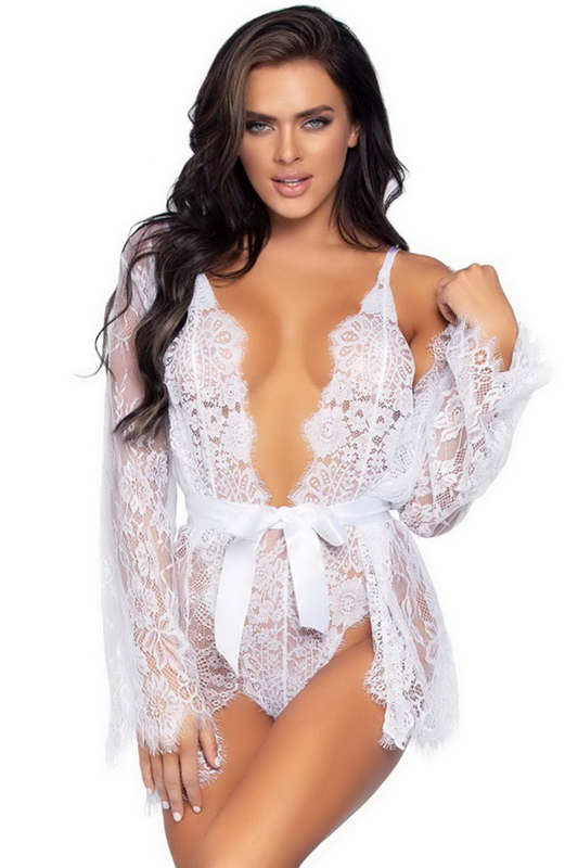 White Floral Lace Teddy & Robe Lingerie Set