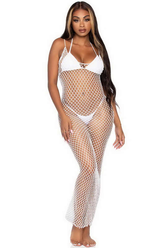 White Fishnet Maxi Beach Cover Up Dress