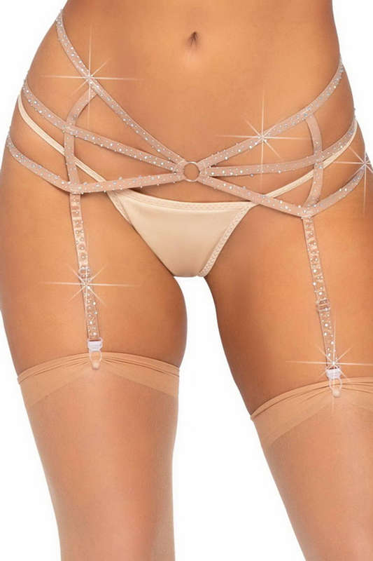 Nude Strappy Elastic Rhinestone Garterbelt
