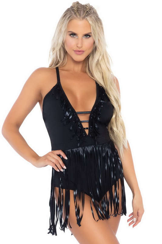 Black Fringe Halter Bodysuit