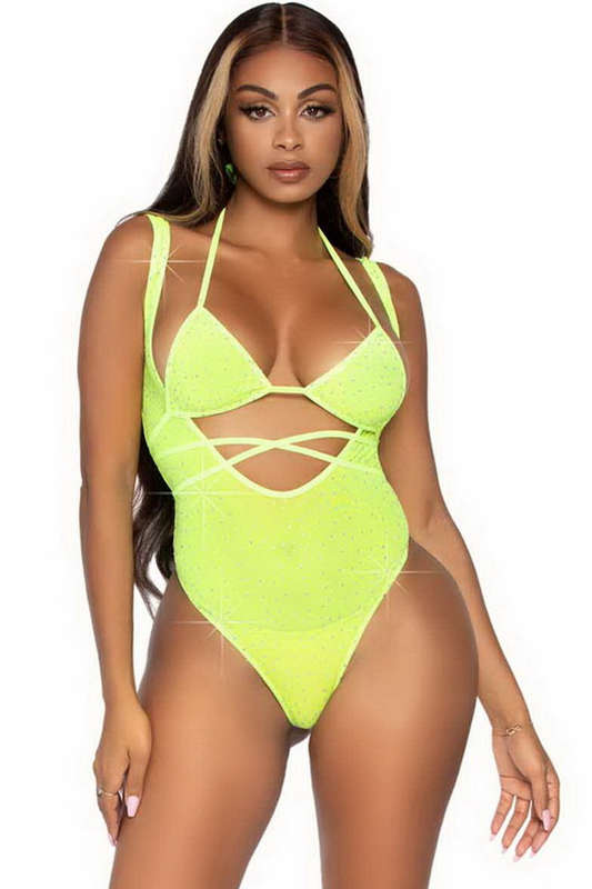 Neon Yellow Rhinestone Lingerie Teddy & Bikini Top