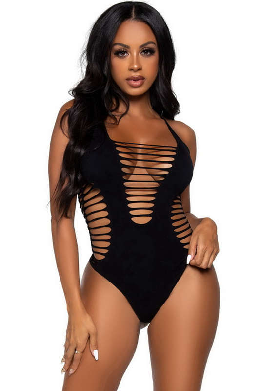 Black Seamless Opaque Shredded Lingerie Teddy