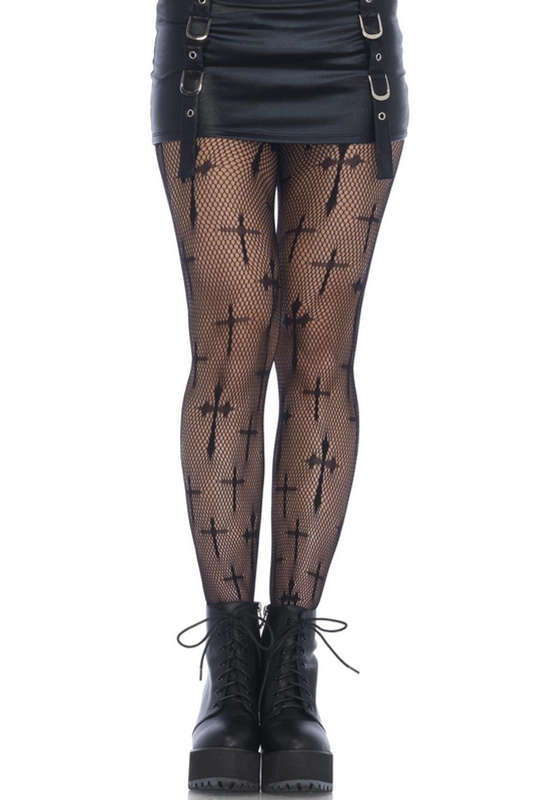 Black Worship Me Cross Net Tights