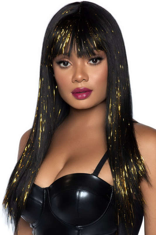 Black Straight Wig With Tinsel