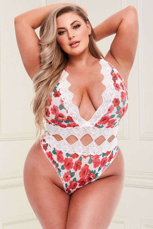 Plus Size White Floral Cutout Teddy
