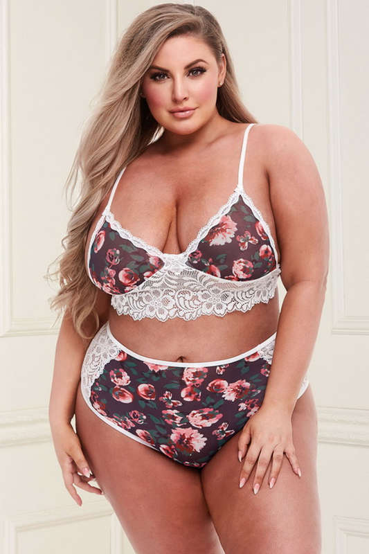 Plus Size Pick Me Floral & Lace Highwaisted Bralette & Panty Lingerie Set