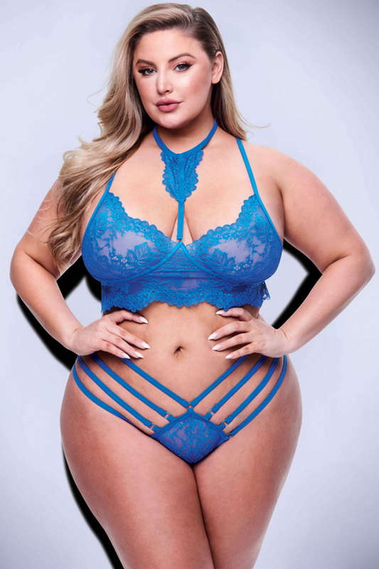 Plus Size Blue Pull Me Closer Lace Bra & Strappy Panty