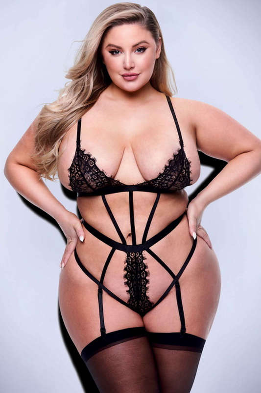 Plus Size Black Forget Me Not Lace Gartered Lingerie Teddy
