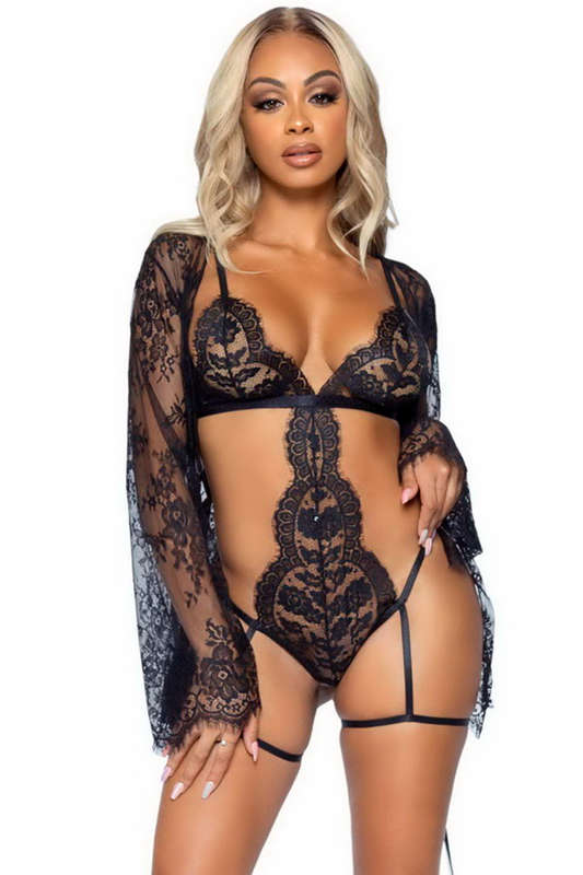 Black Eyelash Lace Gartered Teddy Lingerie Set