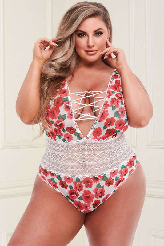 Plus Size White Floral Lace Up Teddy