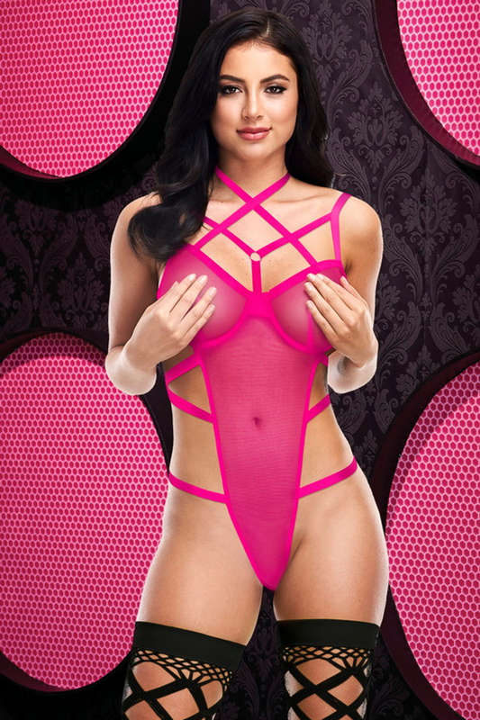 Hot Pink Strappy Mesh Cage Teddy