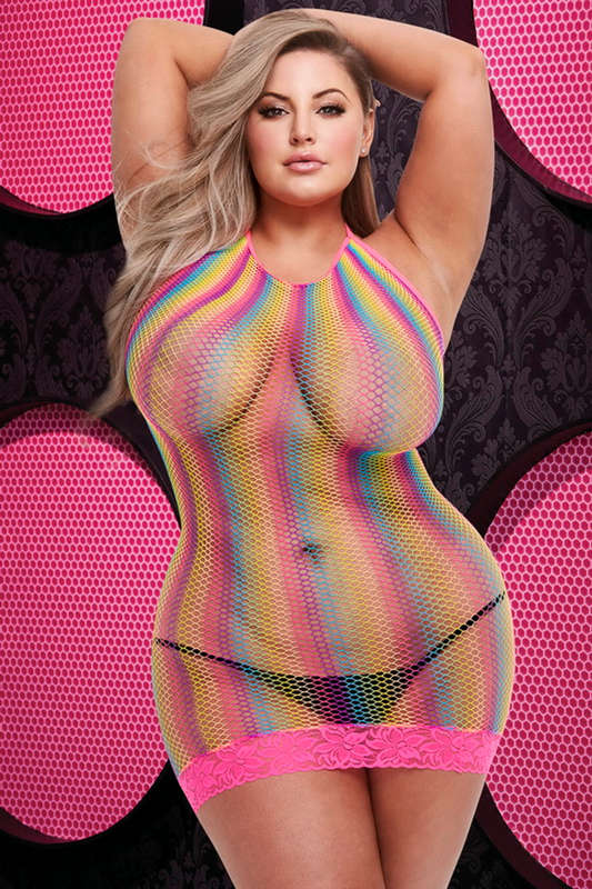 Plus Size Rainbow Pride Fishnet & Lace Chemise