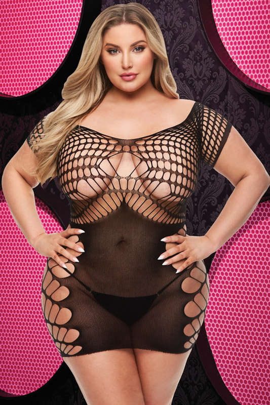 Plus Size Black Kill Some Time Net Lingerie Chemise