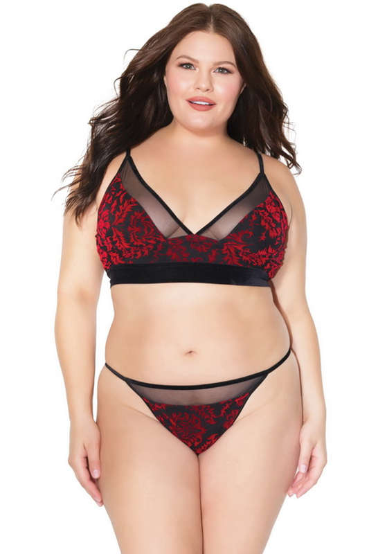 Plus Size Black & Red Mesh Bralette Lingerie Set