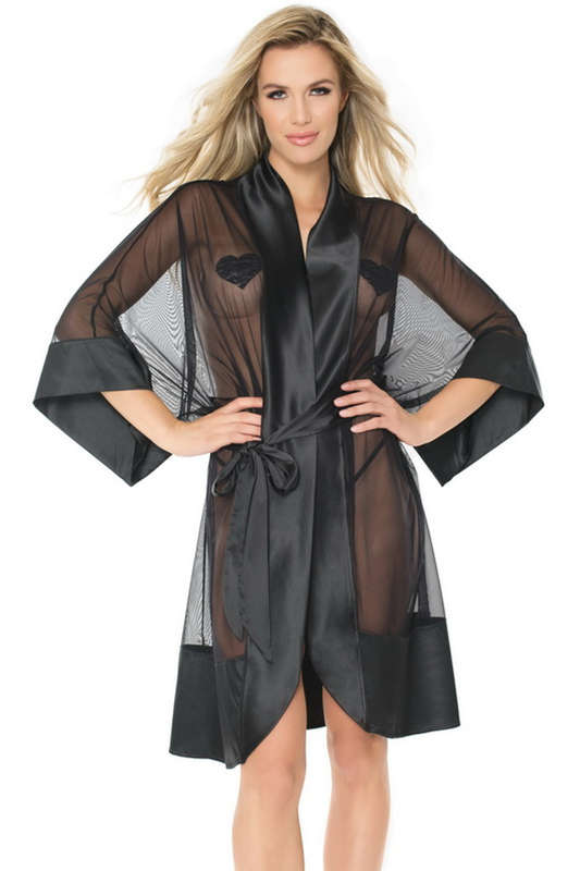 Black Sheer Mesh Kimono Robe