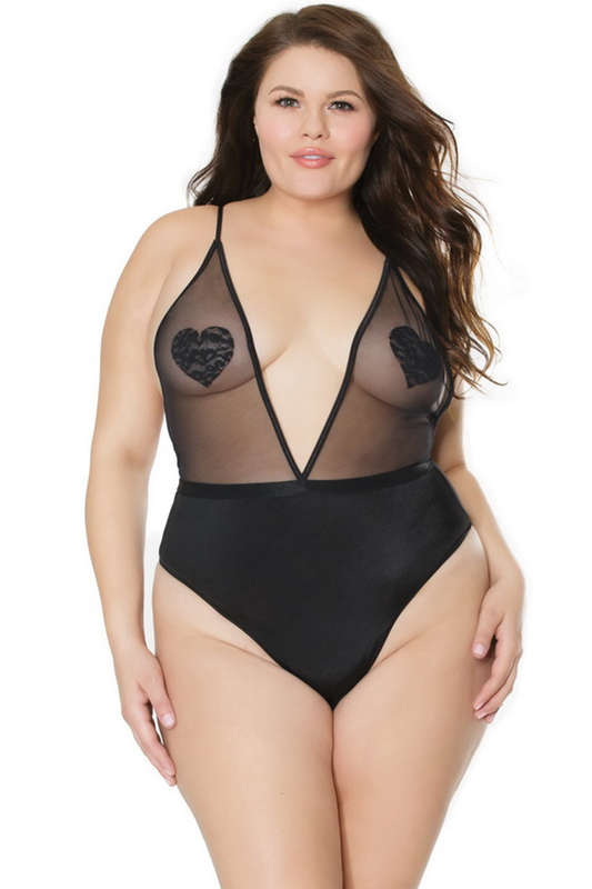 Plus Size Black Mesh Crotchless Plunging Teddy