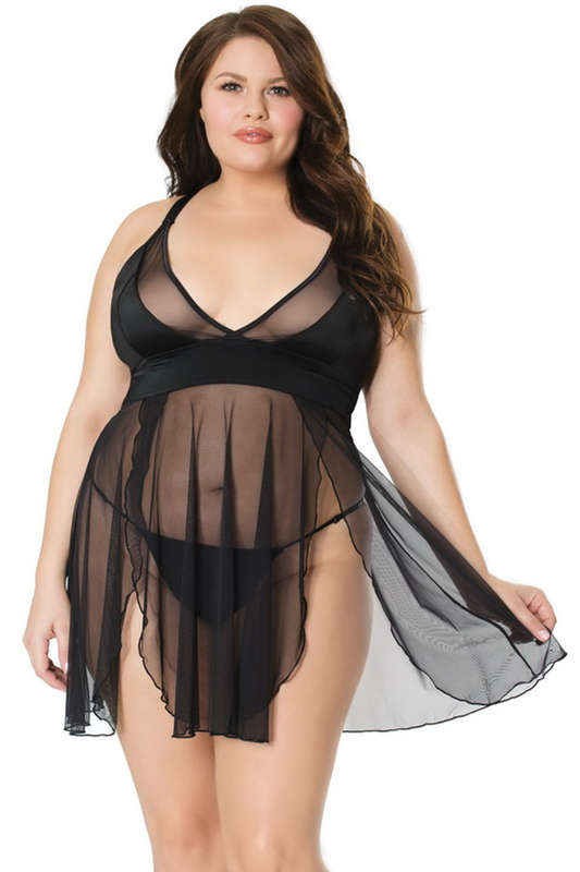 Plus Size Black Mesh Babydoll & G-String Set