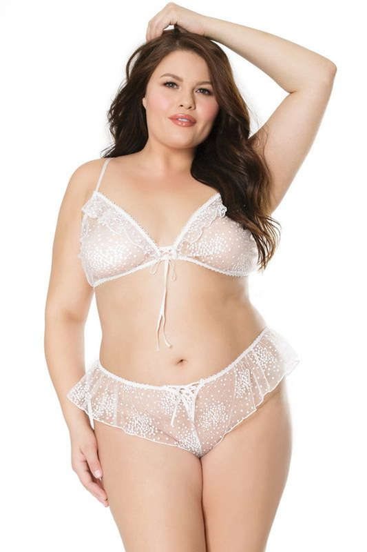 Plus Size Say I Do Sheer Mesh Bra & Ruffle Panty Set