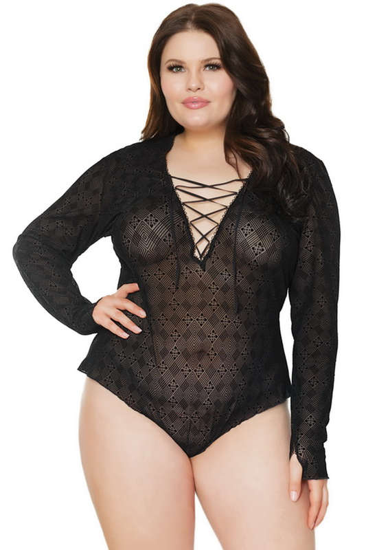 Plus Size Black Front Lace Up Long Sleeve Romper